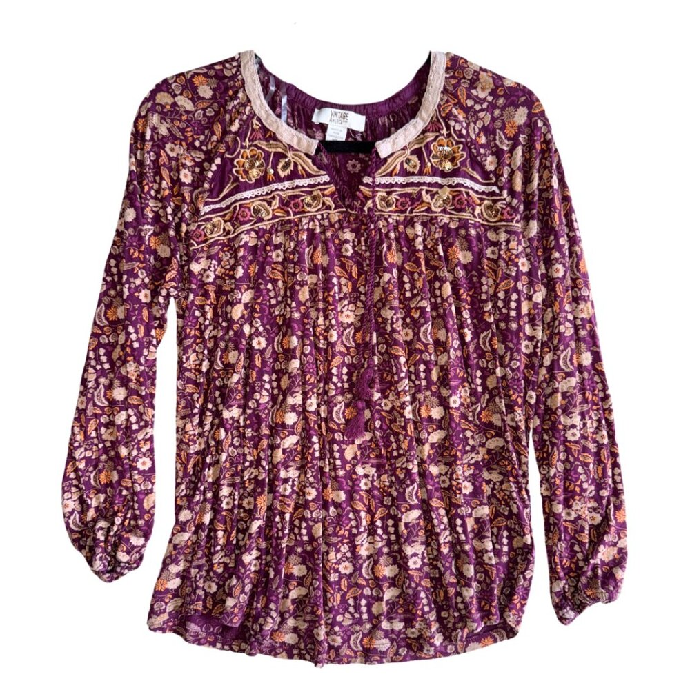 Vintage America India Purple Floral Paisley Babydoll Peasant Cottagecore Blouse